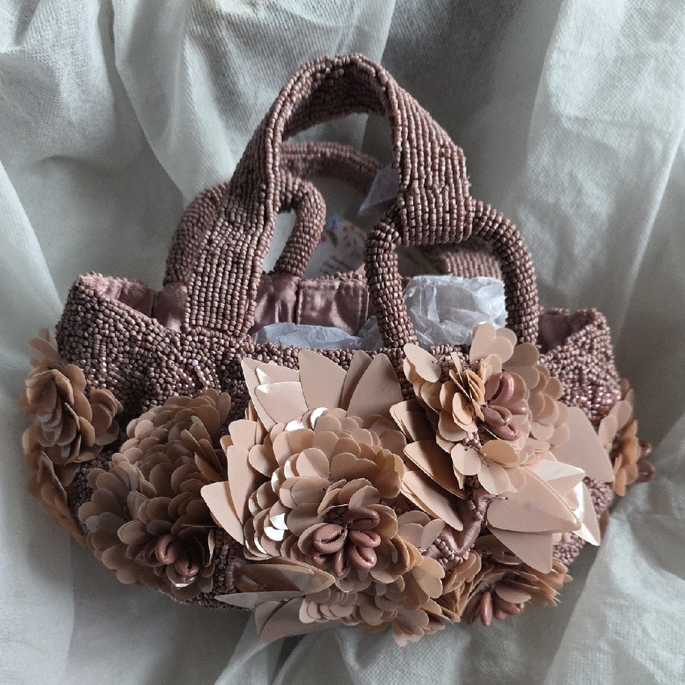 Floral Embellished Tan Handbag